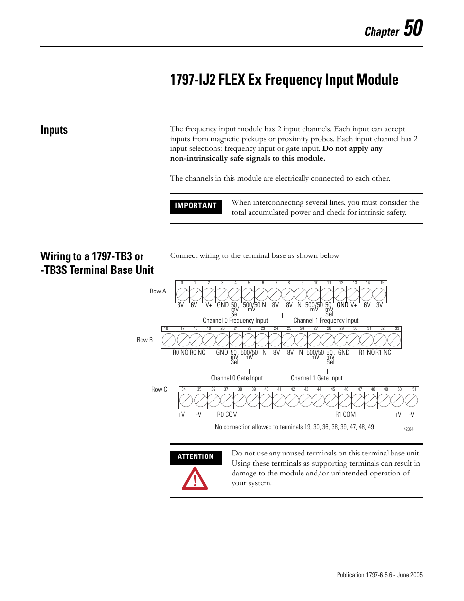 Chapter 50, 1797-ij2 flex ex frequency input module, Inputs | Wiring to a 1797-tb3 or -tb3s terminal base unit, Chapter, Connect wiring to the terminal base as shown below | Rockwell Automation 1797-XXX FLEX Ex System Certification Reference Manual User Manual | Page 227 / 252