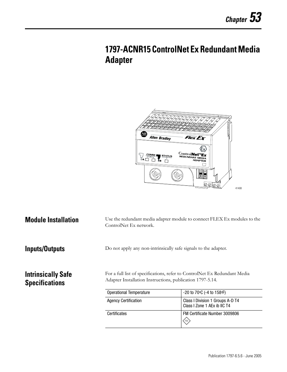 Chapter 53, 1797-acnr15 controlnet ex redundant media adapter, Module installation | Inputs/outputs, Intrinsically safe specifications, Chapter | Rockwell Automation 1797-XXX FLEX Ex System Certification Reference Manual User Manual | Page 239 / 252