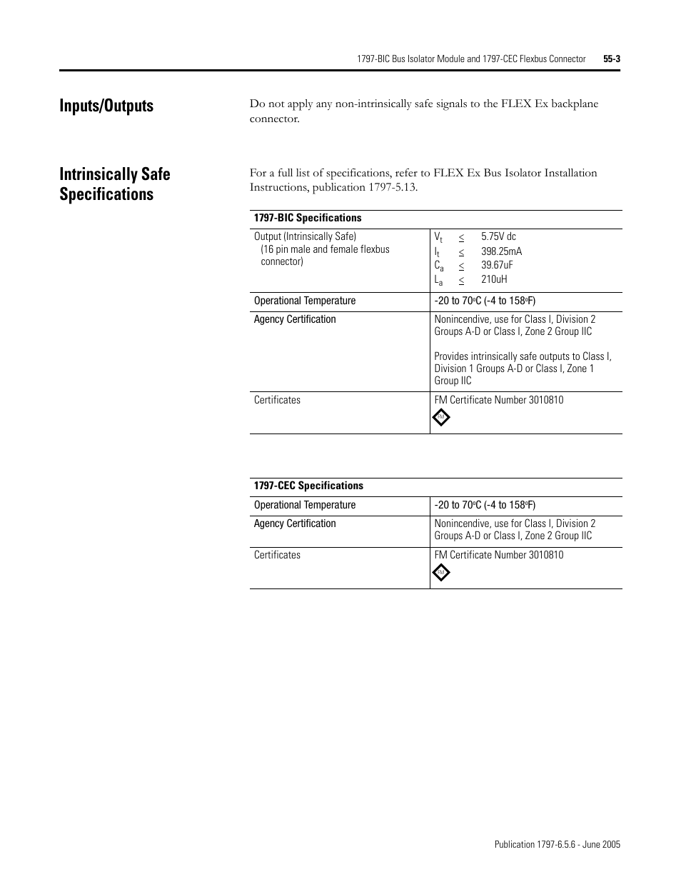 Inputs/outputs, Intrinsically safe specifications | Rockwell Automation 1797-XXX FLEX Ex System Certification Reference Manual User Manual | Page 245 / 252