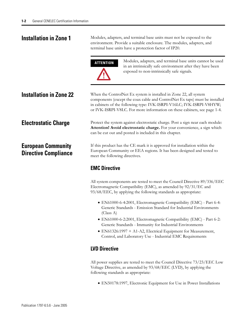 Installation in zone 1, Installation in zone 22, Electrostatic charge | European community directive compliance, Emc directive -2 lvd directive -2 | Rockwell Automation 1797-XXX FLEX Ex System Certification Reference Manual User Manual | Page 30 / 252