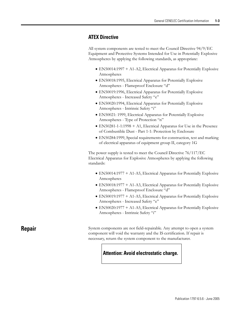 Repair, Atex directive -3, Repair -3 | Attention: avoid electrostatic charge -3, Atex directive, Attention: avoid electrostatic charge | Rockwell Automation 1797-XXX FLEX Ex System Certification Reference Manual User Manual | Page 31 / 252