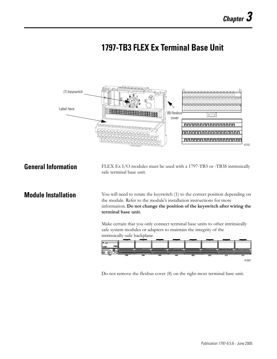 Chapter 3, 1797-tb3 flex ex terminal base unit, General information | Module installation, General information -1 module installation -1, Chapter | Rockwell Automation 1797-XXX FLEX Ex System Certification Reference Manual User Manual | Page 39 / 252