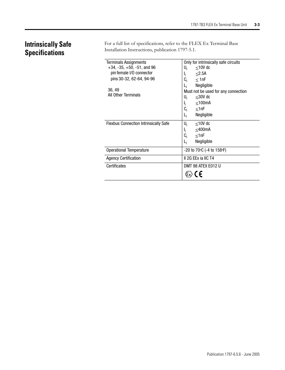 Intrinsically safe specifications, Intrinsically safe specifications -3 | Rockwell Automation 1797-XXX FLEX Ex System Certification Reference Manual User Manual | Page 41 / 252