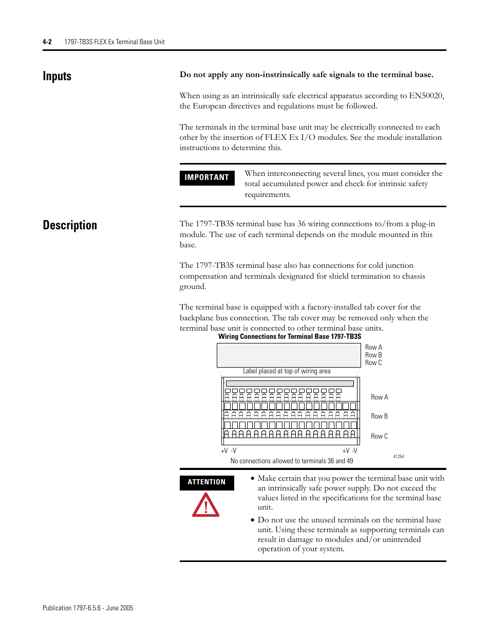 Inputs, Description, Inputs -2 description -2 | Important, Attention | Rockwell Automation 1797-XXX FLEX Ex System Certification Reference Manual User Manual | Page 44 / 252