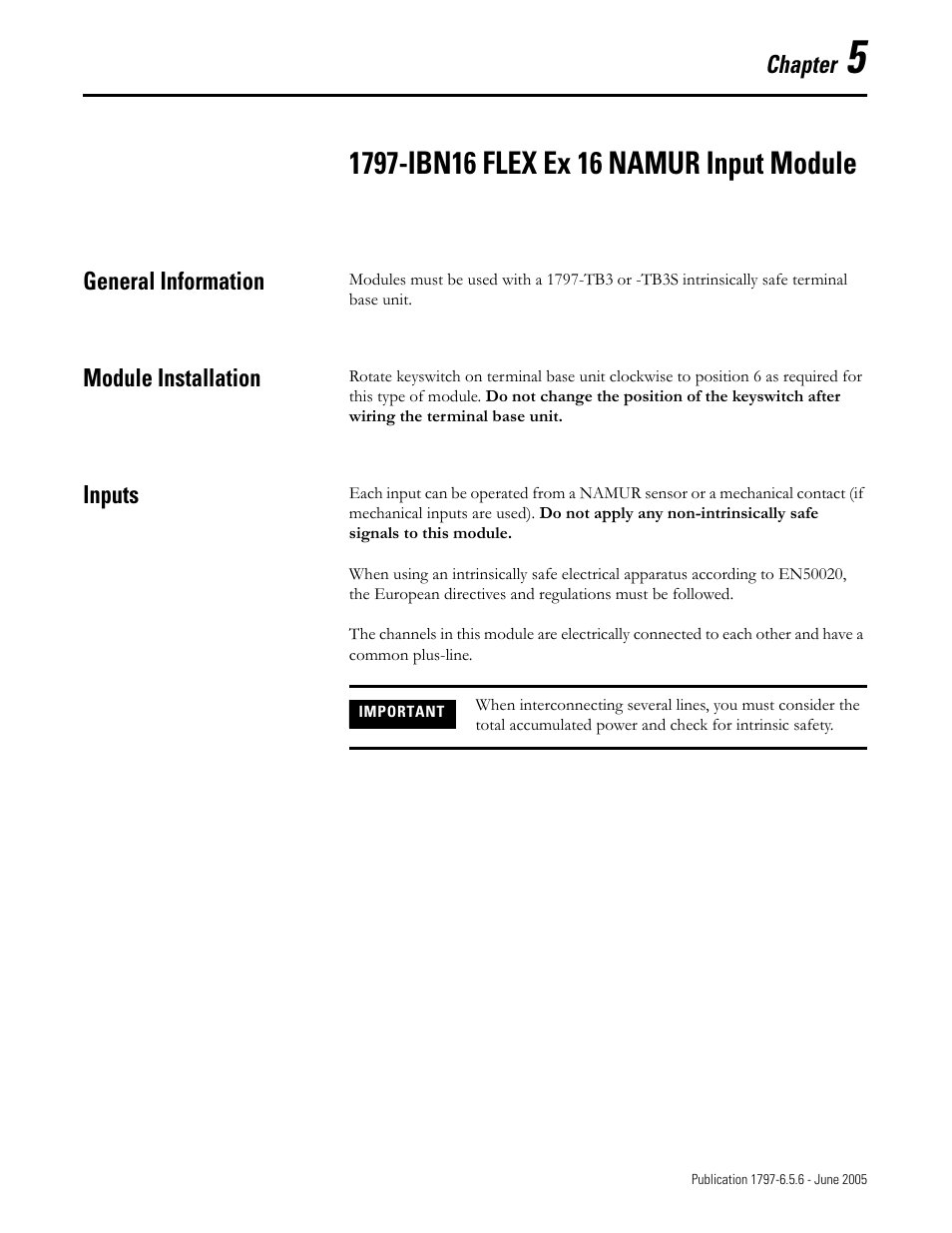 Chapter 5, 1797-ibn16 flex ex 16 namur input module, General information | Module installation, Inputs | Rockwell Automation 1797-XXX FLEX Ex System Certification Reference Manual User Manual | Page 47 / 252