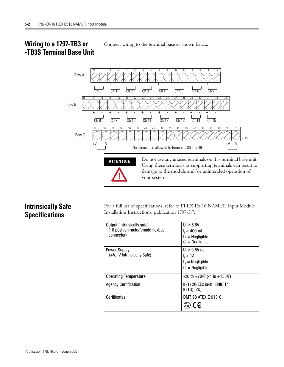 Wiring to a 1797-tb3 or -tb3s terminal base unit, Intrinsically safe specifications, Connect wiring to the terminal base as shown below | Rockwell Automation 1797-XXX FLEX Ex System Certification Reference Manual User Manual | Page 48 / 252