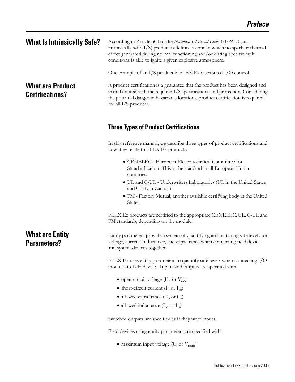 Preface, What is intrinsically safe, What are product certifications | What are entity parameters, Preface what is intrinsically safe, Three types of product certifications | Rockwell Automation 1797-XXX FLEX Ex System Certification Reference Manual User Manual | Page 5 / 252