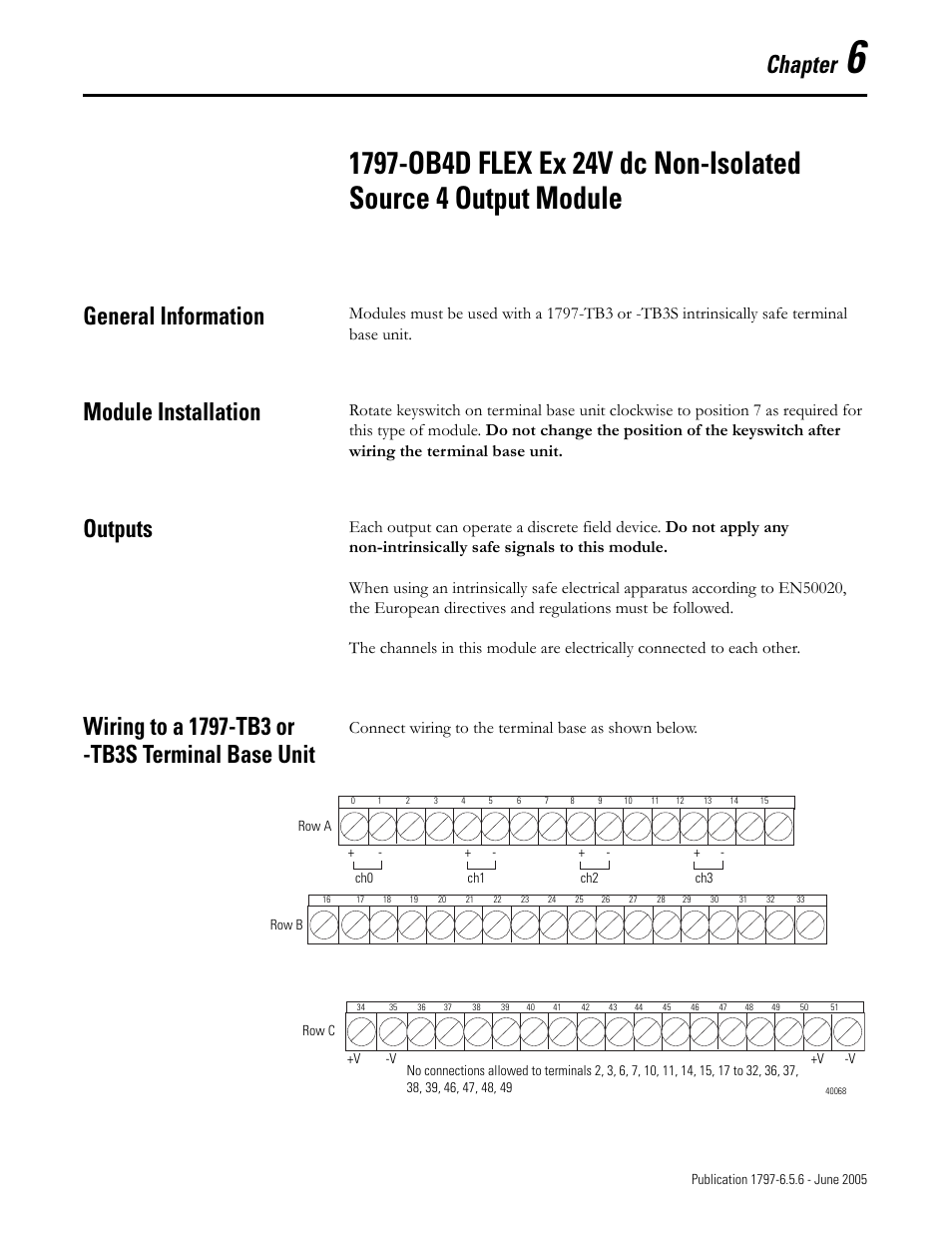 Chapter 6, General information, Module installation | Outputs, Wiring to a 1797-tb3 or -tb3s terminal base unit, Chapter, Connect wiring to the terminal base as shown below | Rockwell Automation 1797-XXX FLEX Ex System Certification Reference Manual User Manual | Page 51 / 252