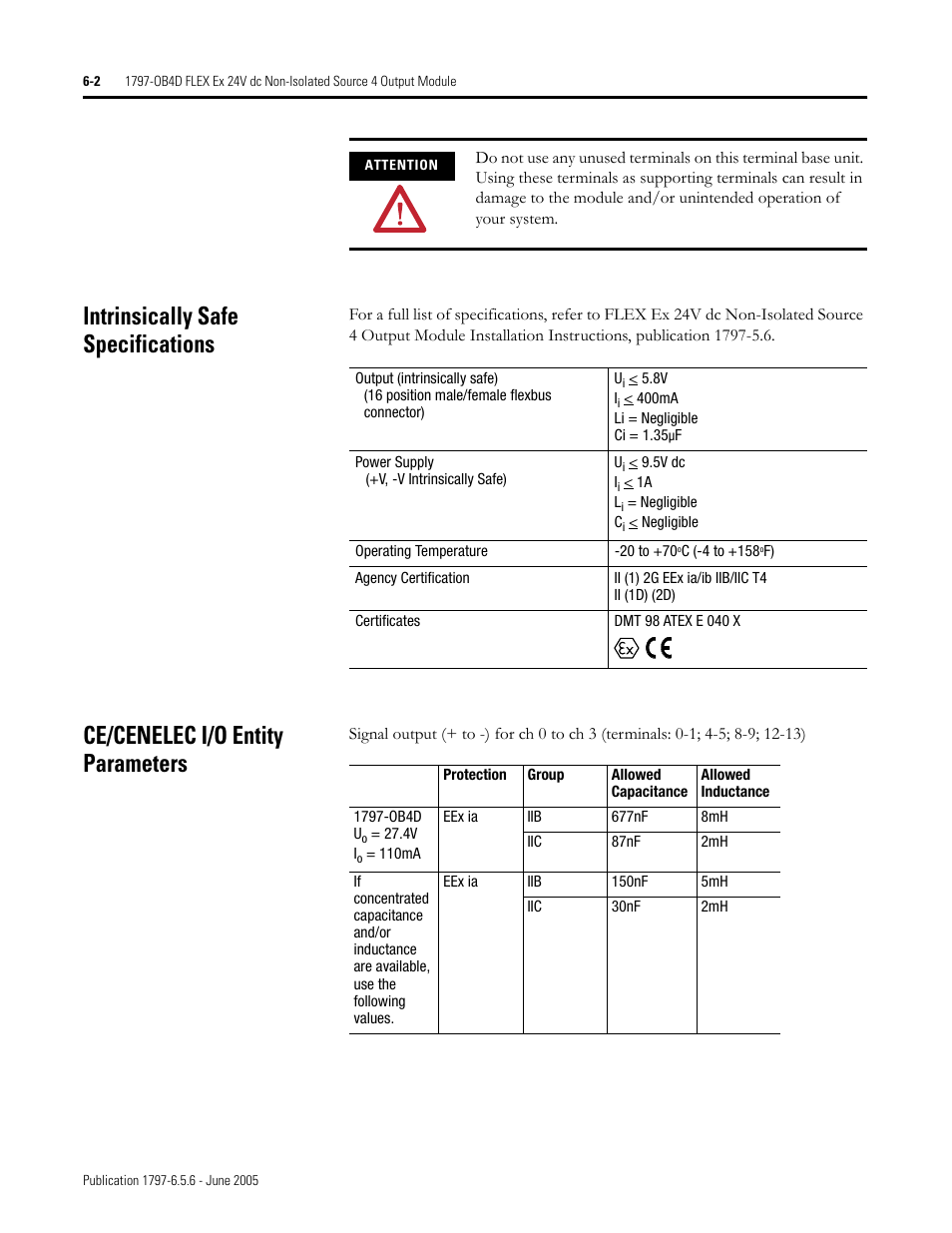 Intrinsically safe specifications, Ce/cenelec i/o entity parameters | Rockwell Automation 1797-XXX FLEX Ex System Certification Reference Manual User Manual | Page 52 / 252