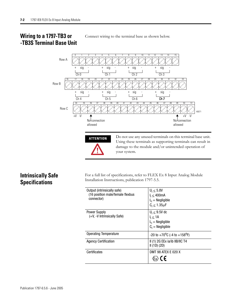 Wiring to a 1797-tb3 or -tb3s terminal base unit, Intrinsically safe specifications, Connect wiring to the terminal base as shown below | Rockwell Automation 1797-XXX FLEX Ex System Certification Reference Manual User Manual | Page 54 / 252