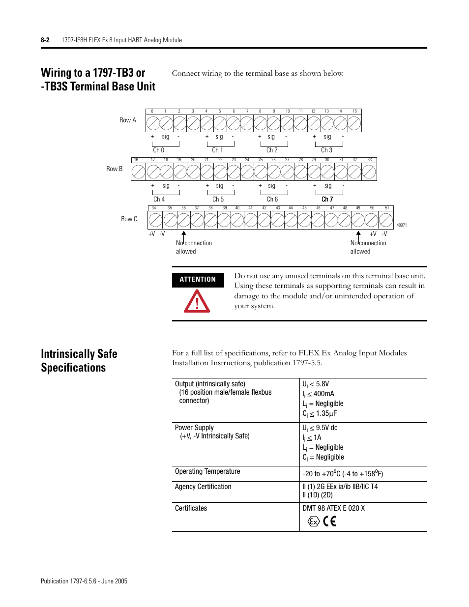 Wiring to a 1797-tb3 or -tb3s terminal base unit, Intrinsically safe specifications, Connect wiring to the terminal base as shown below | Rockwell Automation 1797-XXX FLEX Ex System Certification Reference Manual User Manual | Page 58 / 252