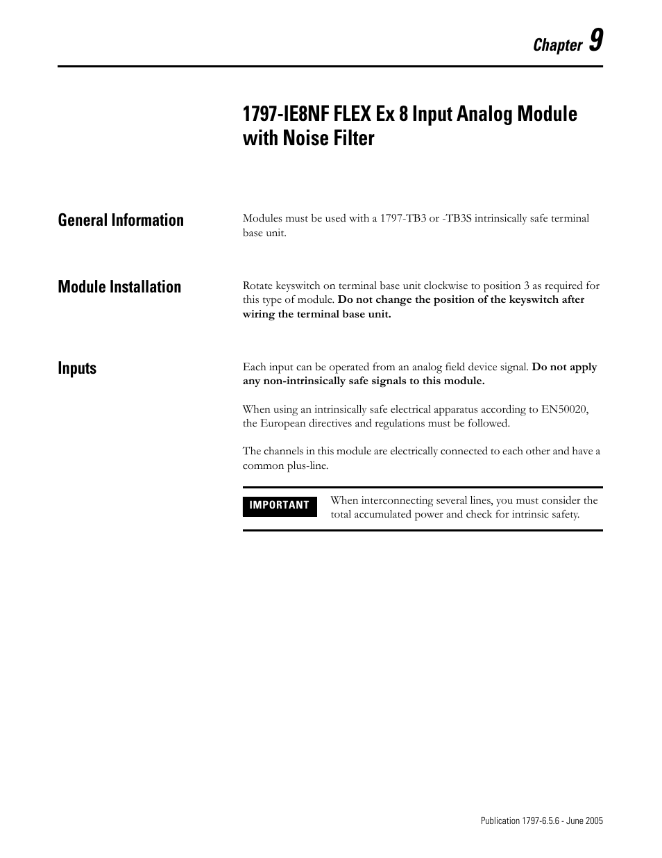 Chapter 9, General information, Module installation | Inputs | Rockwell Automation 1797-XXX FLEX Ex System Certification Reference Manual User Manual | Page 61 / 252