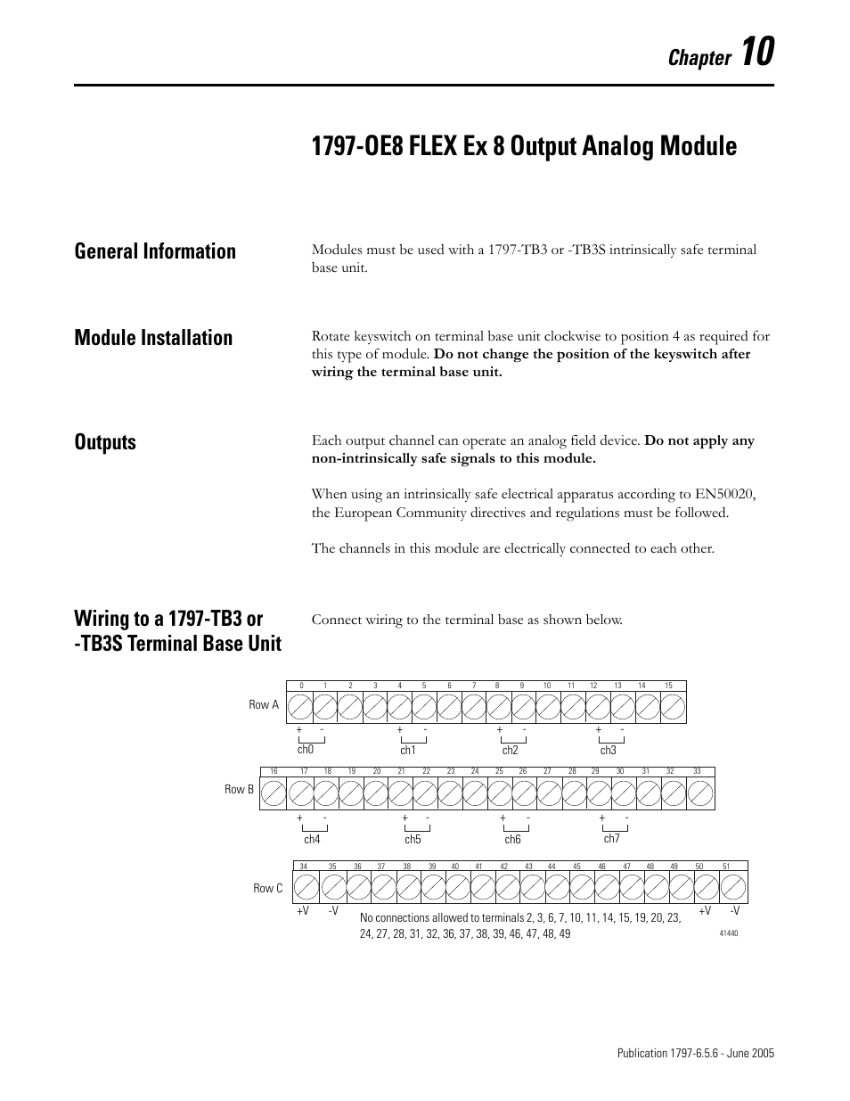 Chapter 10, 1797-oe8 flex ex 8 output analog module, General information | Module installation, Outputs, Wiring to a 1797-tb3 or -tb3s terminal base unit, Chapter, Connect wiring to the terminal base as shown below | Rockwell Automation 1797-XXX FLEX Ex System Certification Reference Manual User Manual | Page 65 / 252