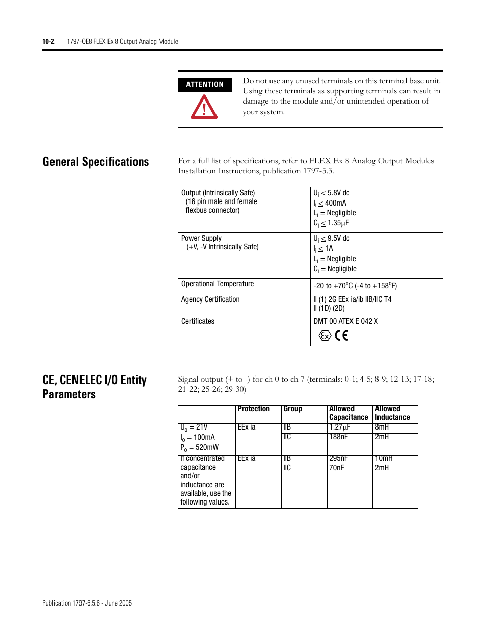 General specifications, Ce, cenelec i/o entity parameters | Rockwell Automation 1797-XXX FLEX Ex System Certification Reference Manual User Manual | Page 66 / 252