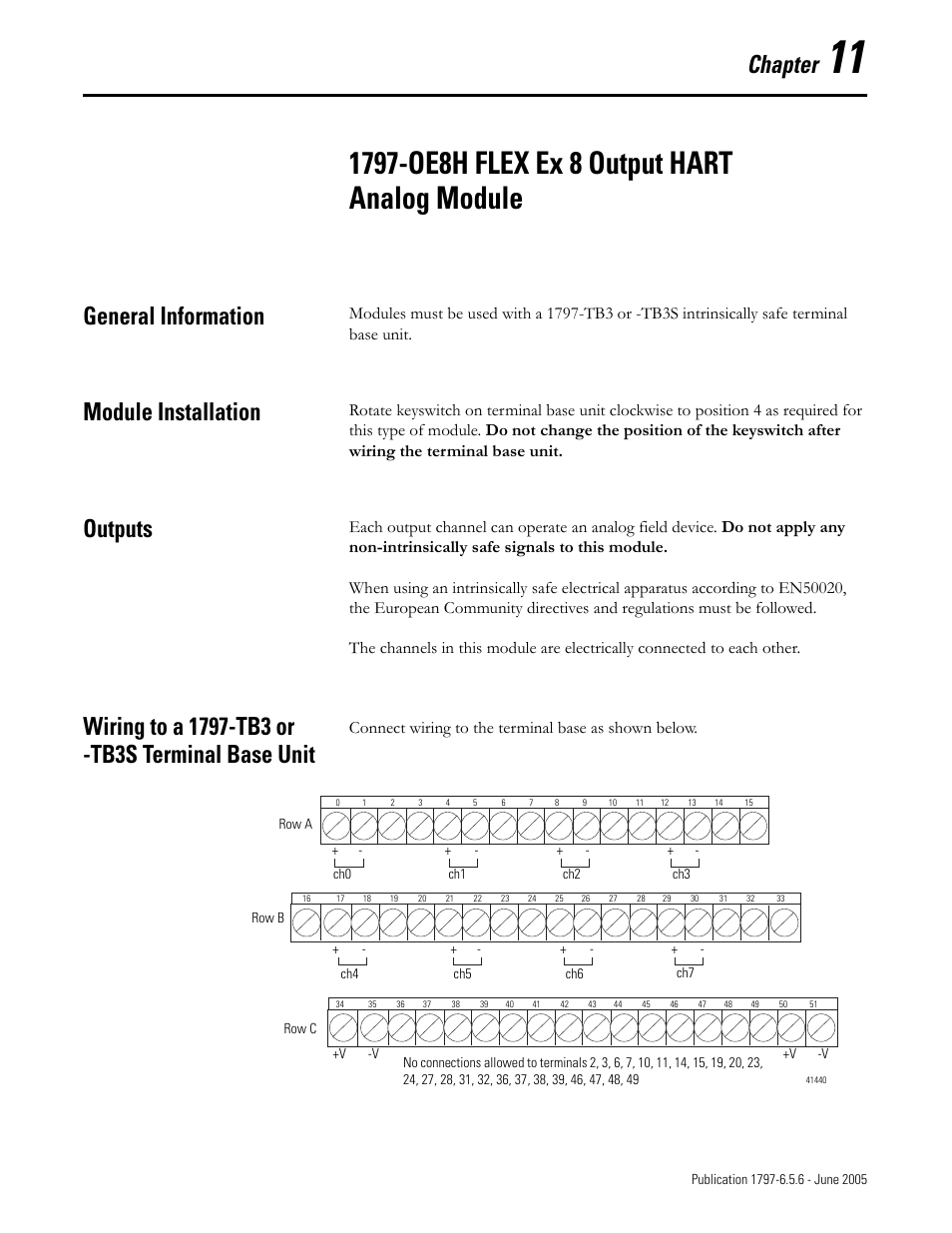 Chapter 11, 1797-oe8h flex ex 8 output hart analog module, General information | Module installation, Outputs, Wiring to a 1797-tb3 or -tb3s terminal base unit, Chapter, Connect wiring to the terminal base as shown below | Rockwell Automation 1797-XXX FLEX Ex System Certification Reference Manual User Manual | Page 67 / 252