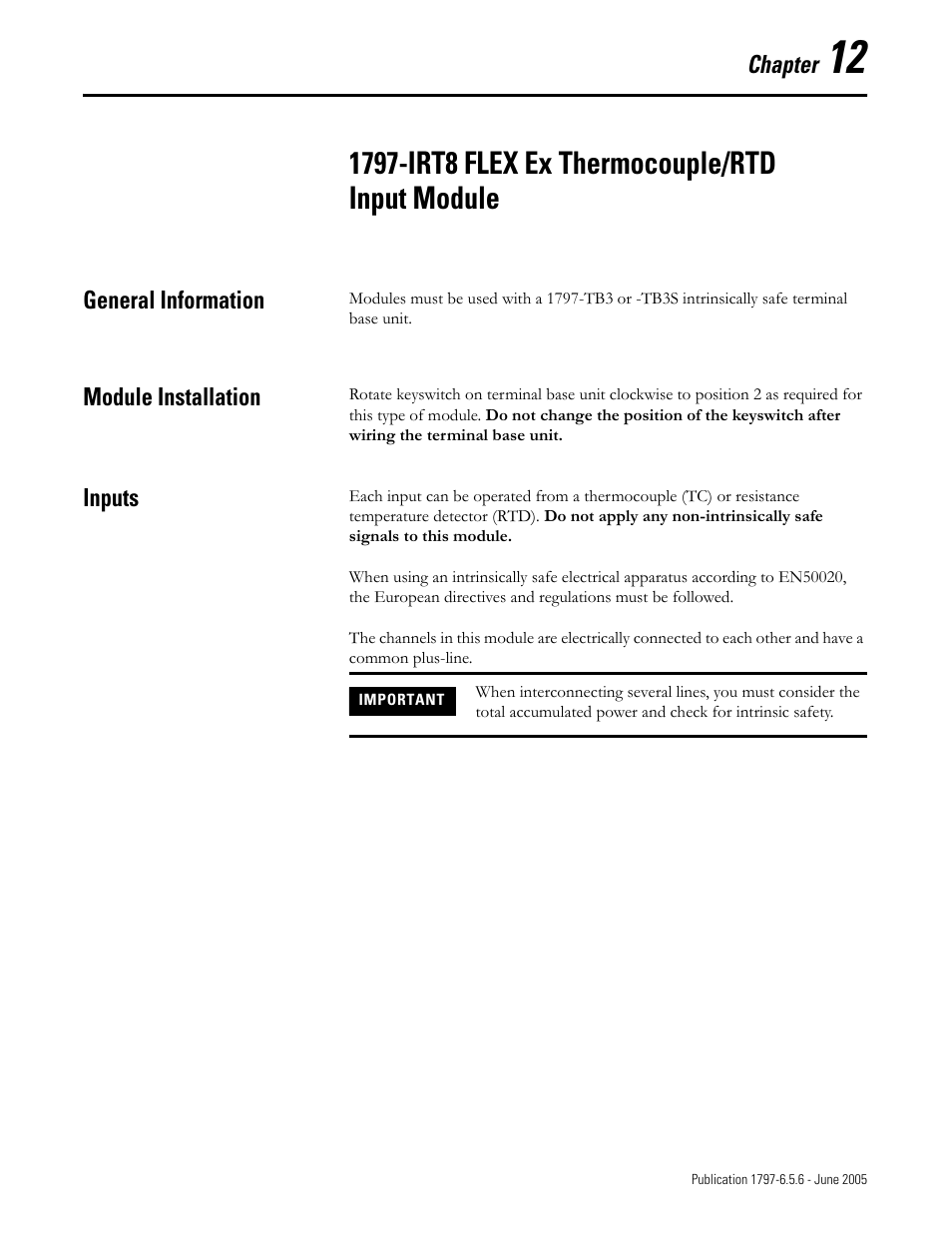 Chapter 12, 1797-irt8 flex ex thermocouple/rtd input module, General information | Module installation, Inputs | Rockwell Automation 1797-XXX FLEX Ex System Certification Reference Manual User Manual | Page 69 / 252