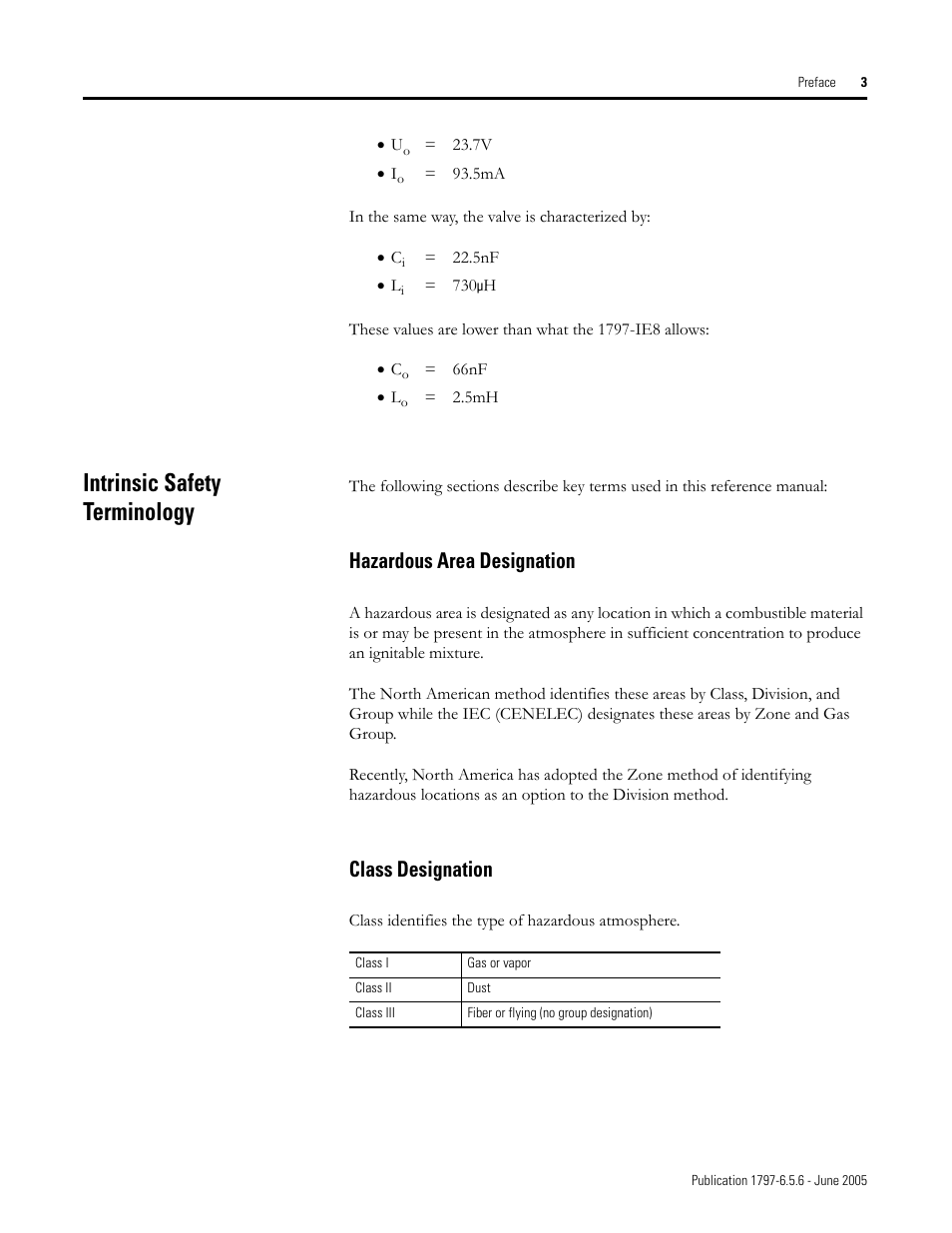Intrinsic safety terminology, Hazardous area designation, Class designation | Rockwell Automation 1797-XXX FLEX Ex System Certification Reference Manual User Manual | Page 7 / 252