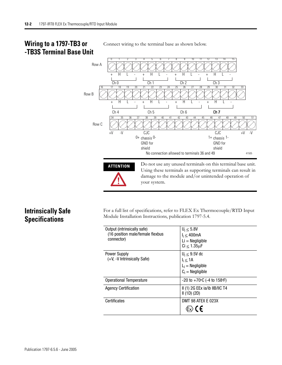 Wiring to a 1797-tb3 or -tb3s terminal base unit, Intrinsically safe specifications, Connect wiring to the terminal base as shown below | Rockwell Automation 1797-XXX FLEX Ex System Certification Reference Manual User Manual | Page 70 / 252