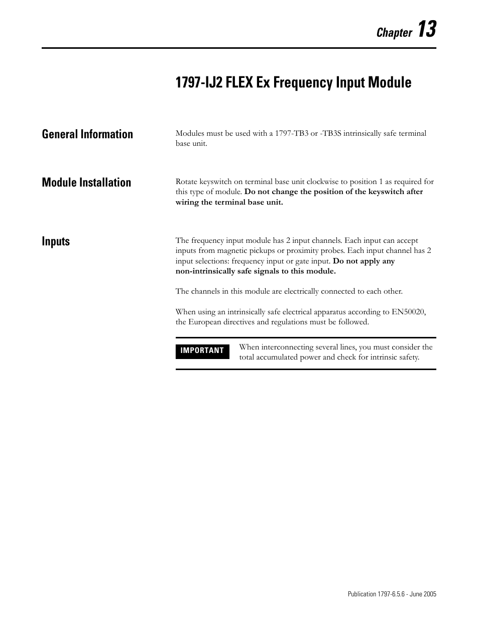 Chapter 13, 1797-ij2 flex ex frequency input module, General information | Module installation, Inputs | Rockwell Automation 1797-XXX FLEX Ex System Certification Reference Manual User Manual | Page 73 / 252