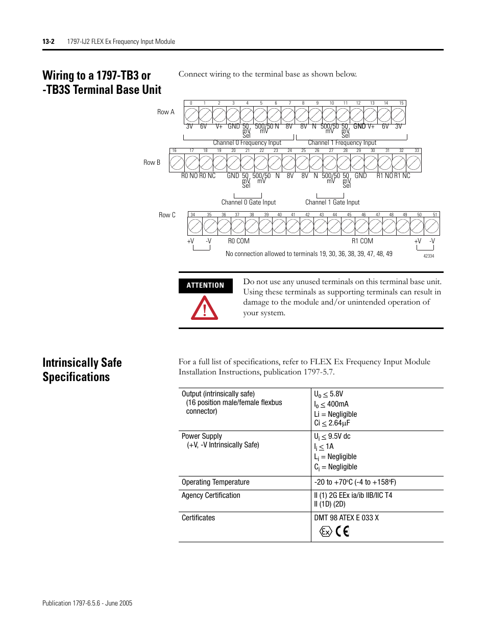 Wiring to a 1797-tb3 or -tb3s terminal base unit, Intrinsically safe specifications, Connect wiring to the terminal base as shown below | Rockwell Automation 1797-XXX FLEX Ex System Certification Reference Manual User Manual | Page 74 / 252