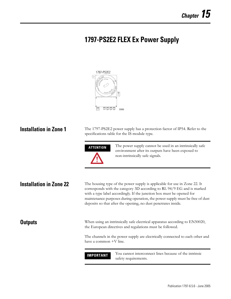 Chapter 15, 1797-ps2e2 flex ex power supply, Installation in zone 1 | Installation in zone 22, Outputs, Chapter | Rockwell Automation 1797-XXX FLEX Ex System Certification Reference Manual User Manual | Page 81 / 252