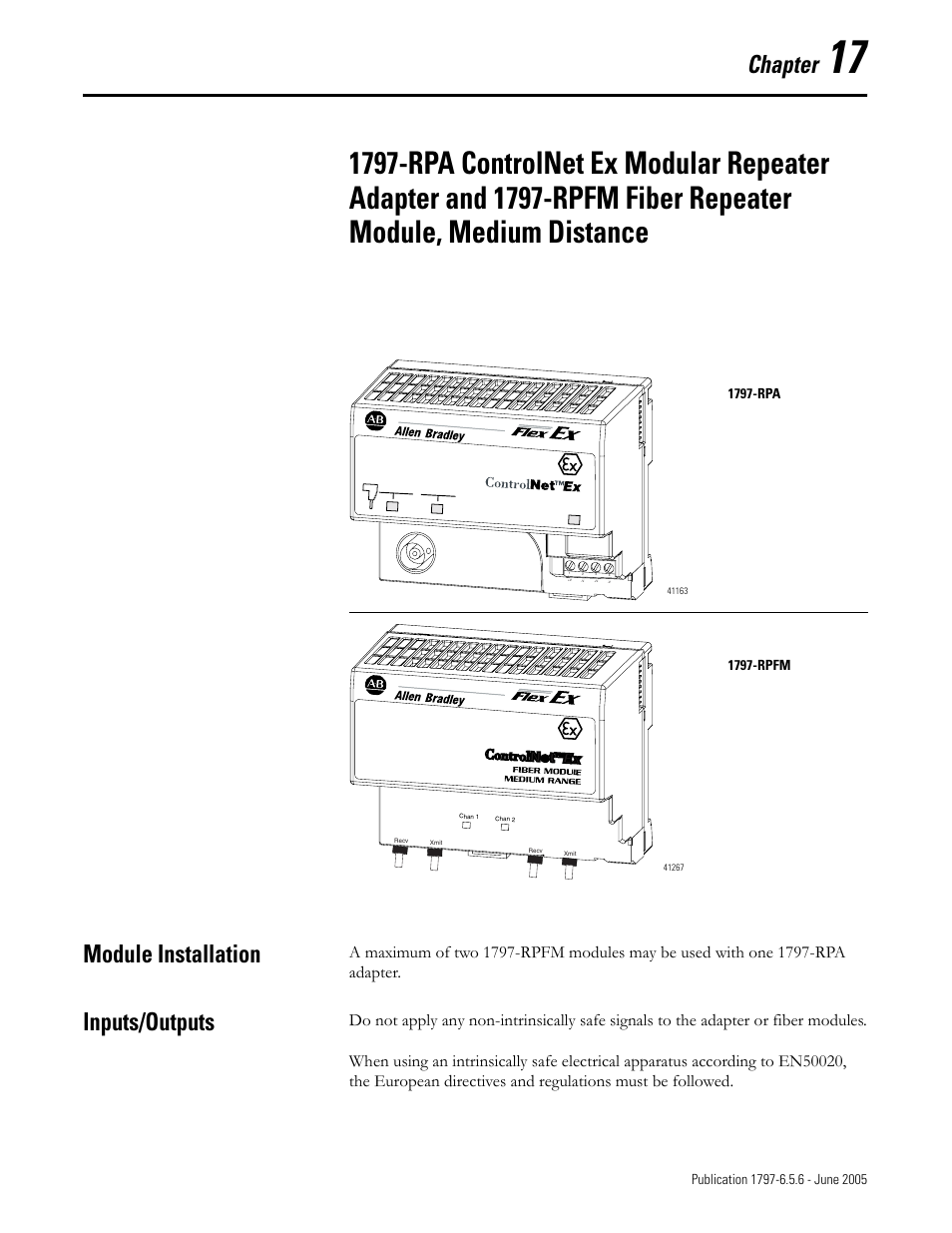 Chapter 17, Module installation, Inputs/outputs | Module installation -1 inputs/outputs -1, Chapter | Rockwell Automation 1797-XXX FLEX Ex System Certification Reference Manual User Manual | Page 85 / 252