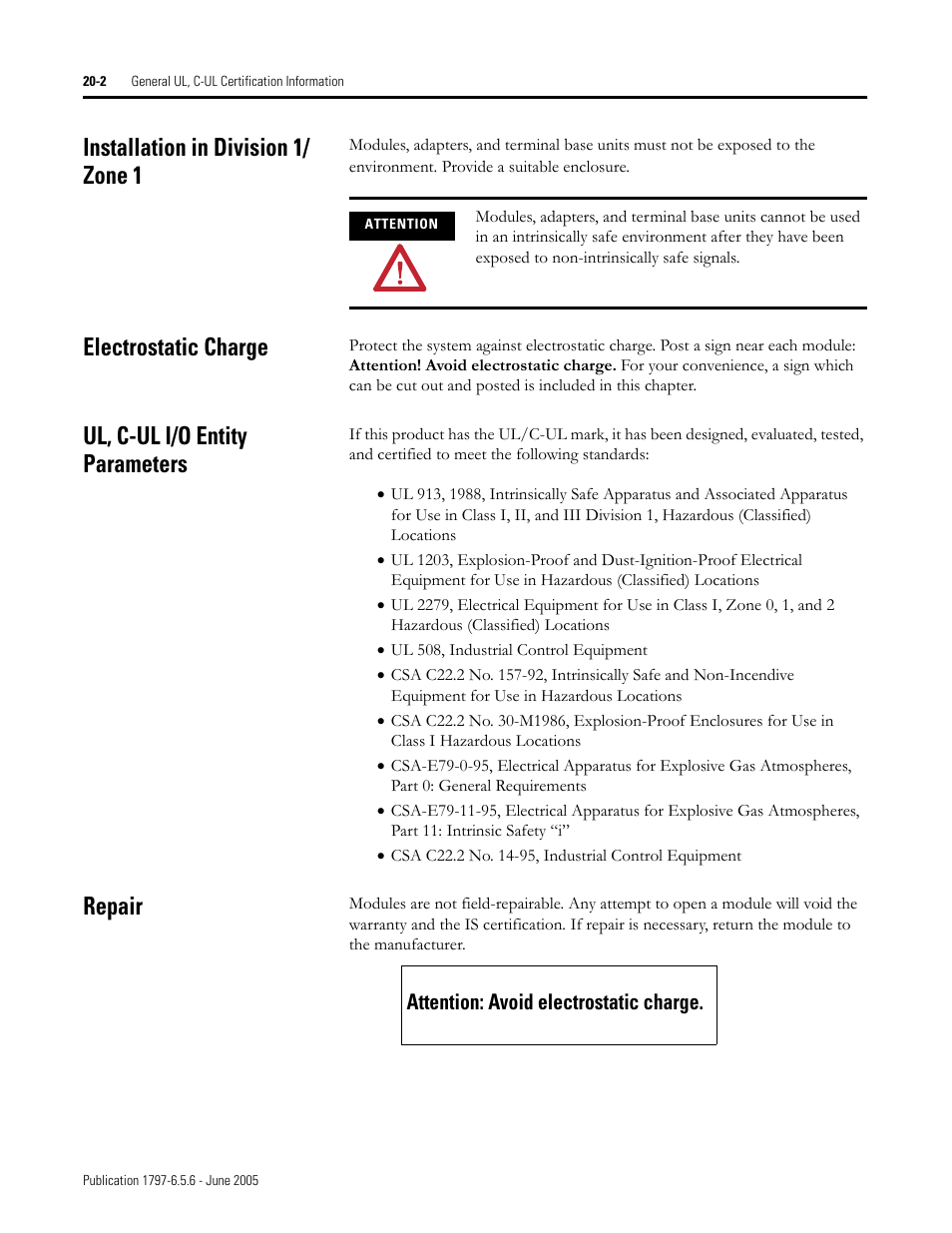 Installation in division 1/ zone 1, Electrostatic charge, Ul, c-ul i/o entity parameters | Repair, Attention: avoid electrostatic charge -2 | Rockwell Automation 1797-XXX FLEX Ex System Certification Reference Manual User Manual | Page 94 / 252