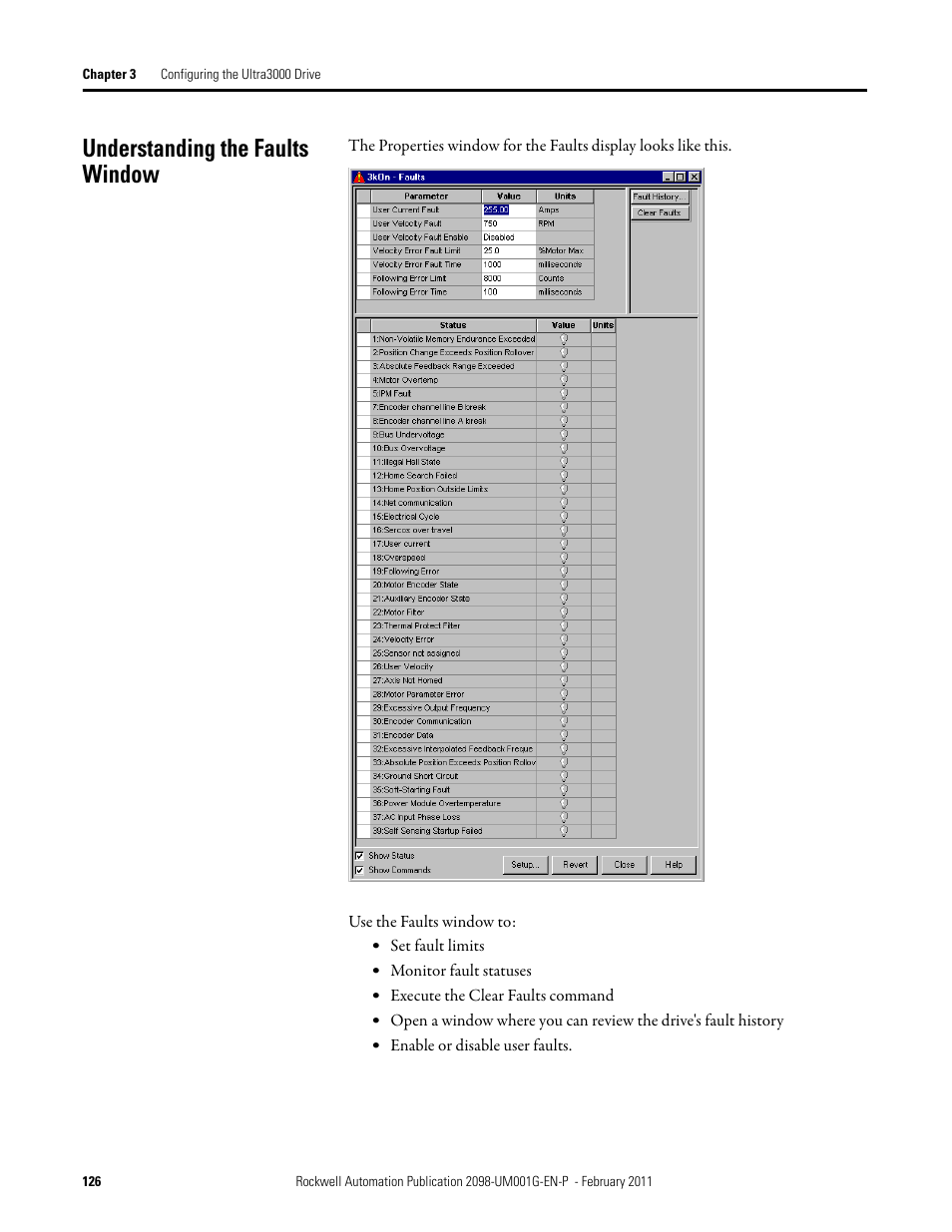 Understanding the faults window | Rockwell Automation 2098-UWCPRG Ultraware Software User Manual User Manual | Page 124 / 354