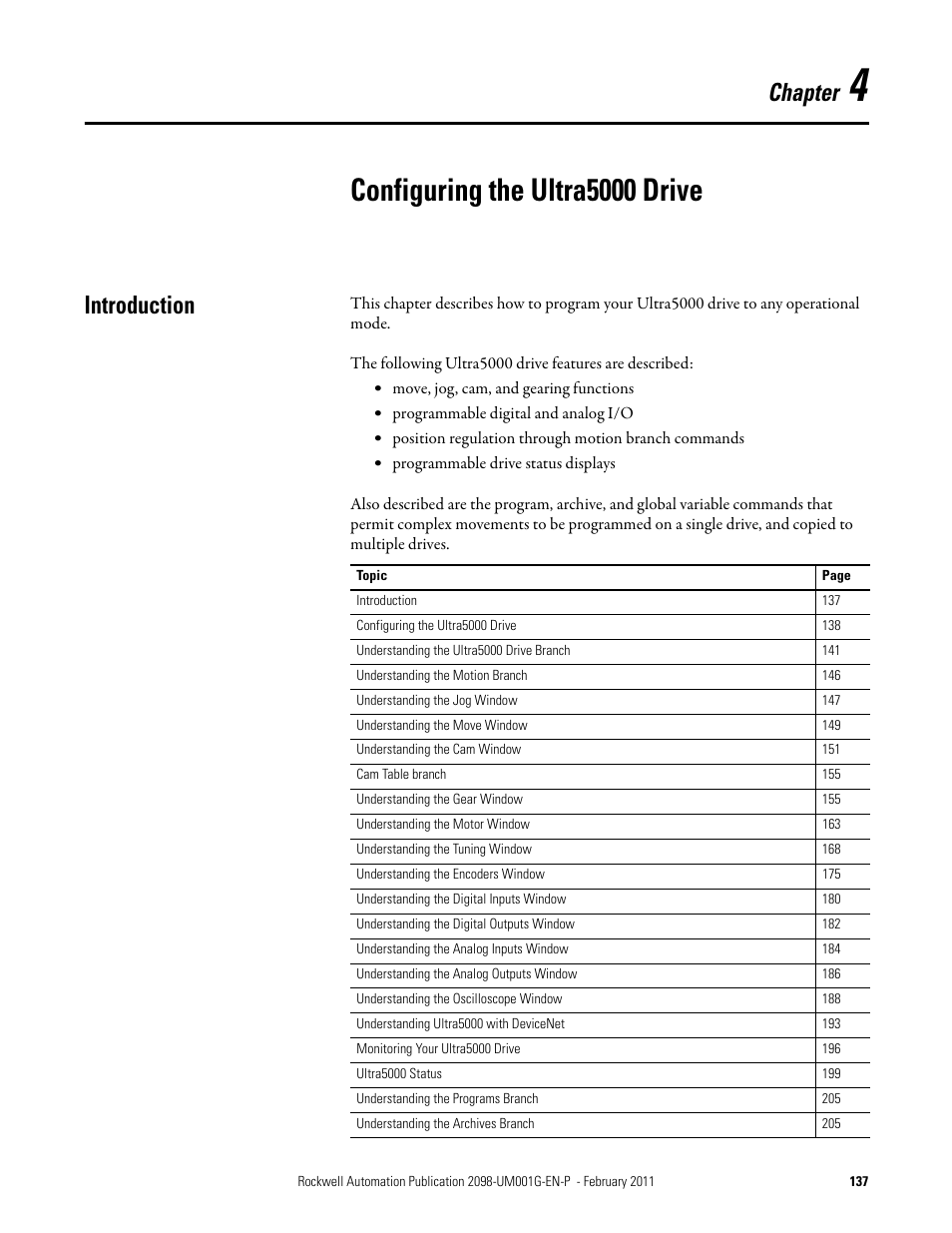 4 configuring the ultra5000 drive, Introduction, Chapter 4 | Configuring the ultra5000 drive, Chapter | Rockwell Automation 2098-UWCPRG Ultraware Software User Manual User Manual | Page 135 / 354