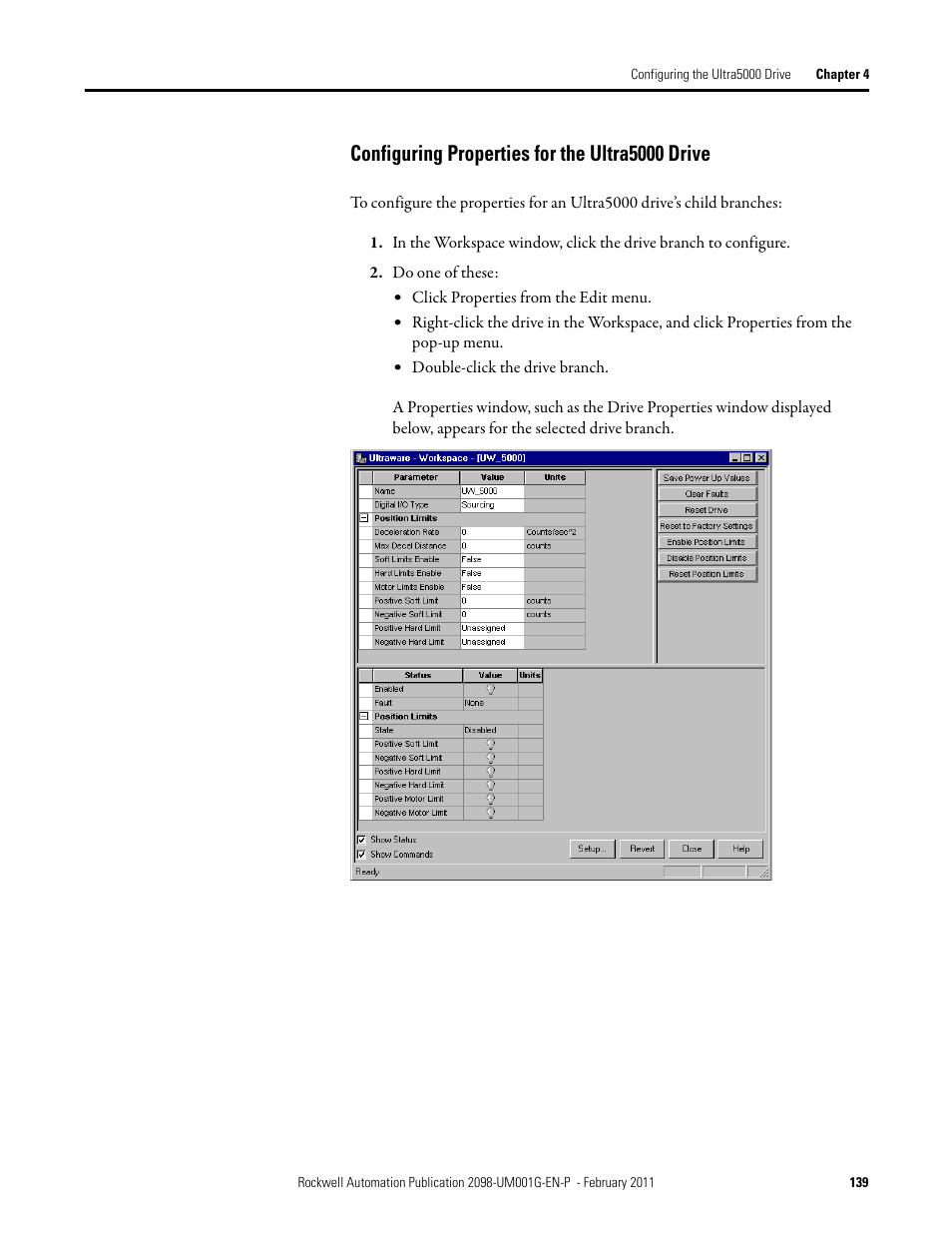 Configuring properties for the ultra5000 drive | Rockwell Automation 2098-UWCPRG Ultraware Software User Manual User Manual | Page 137 / 354