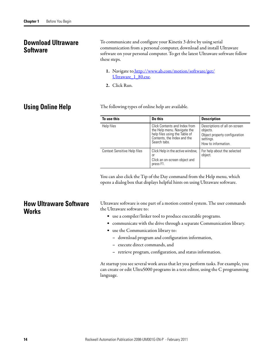 Download ultraware software, Using online help, How ultraware software works | Rockwell Automation 2098-UWCPRG Ultraware Software User Manual User Manual | Page 14 / 354