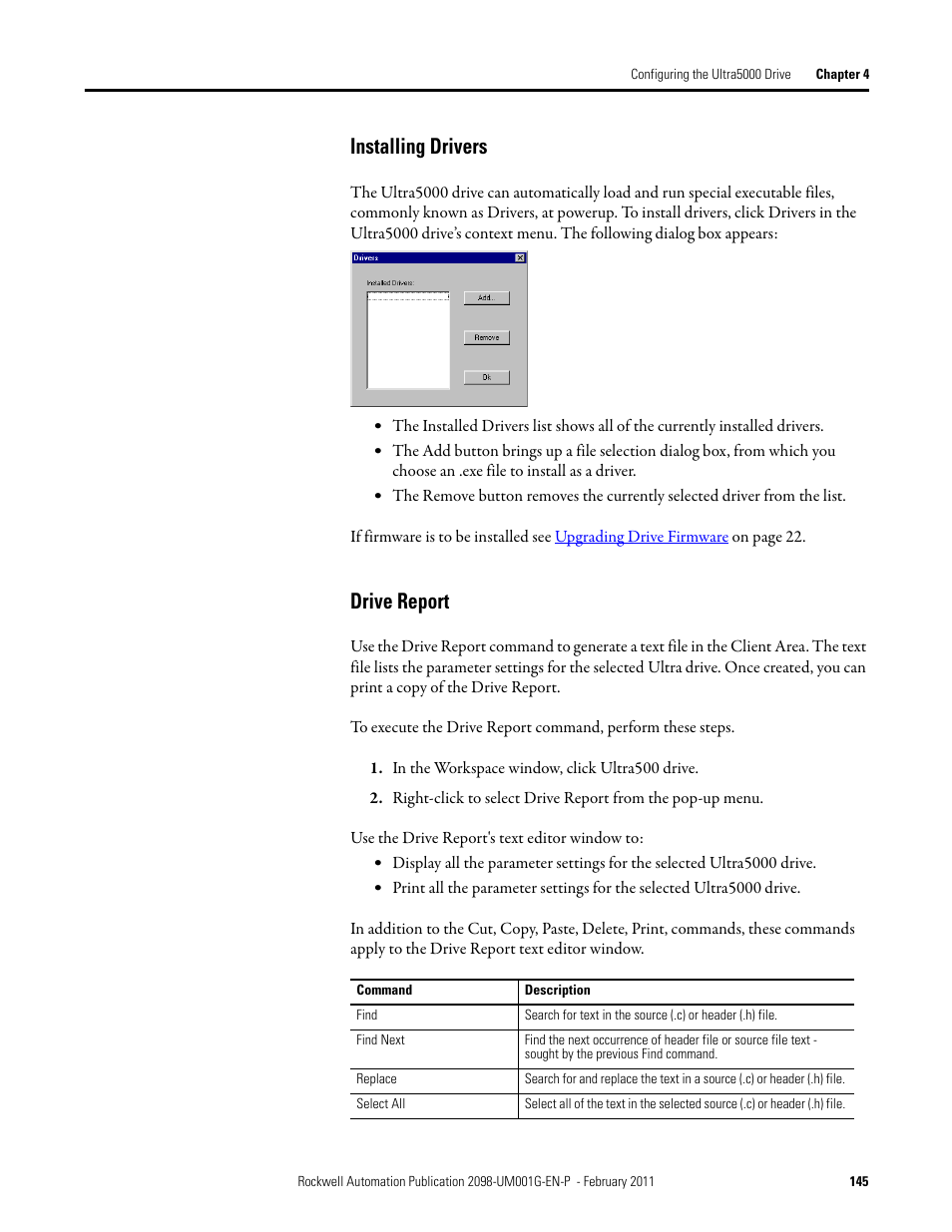 Installing drivers, Drive report, Installing drivers drive report | Rockwell Automation 2098-UWCPRG Ultraware Software User Manual User Manual | Page 143 / 354