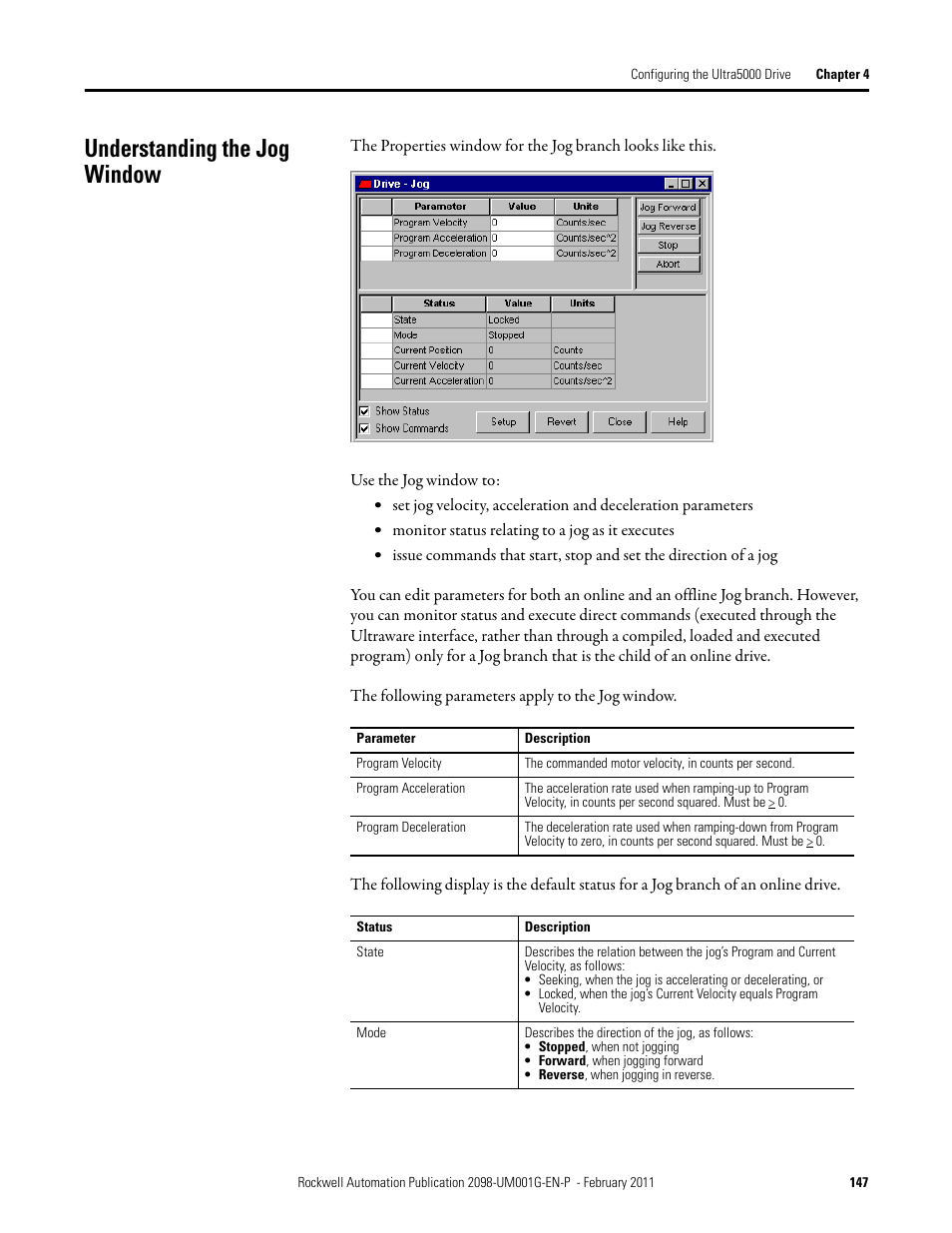 Understanding the jog window | Rockwell Automation 2098-UWCPRG Ultraware Software User Manual User Manual | Page 145 / 354