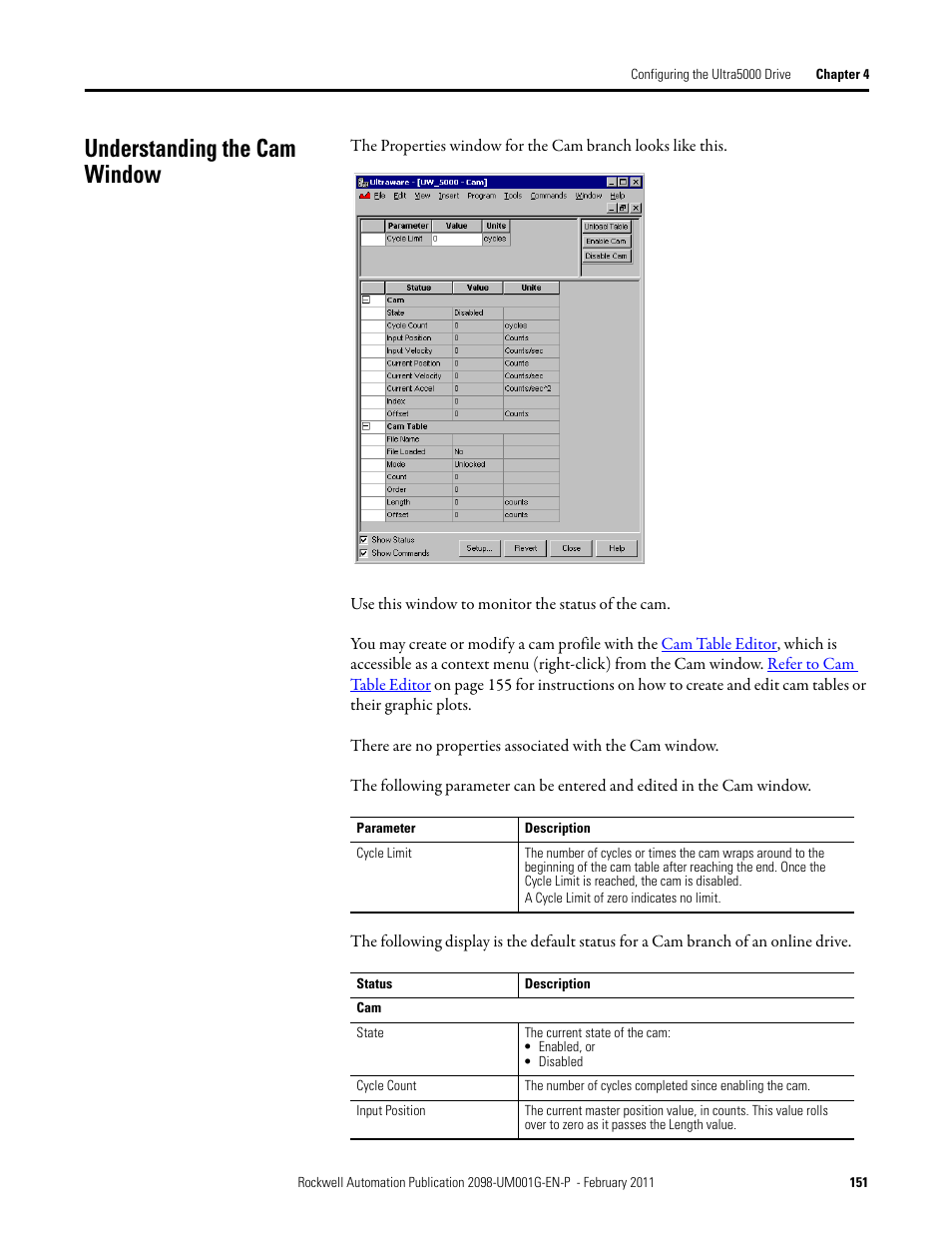 Understanding the cam window | Rockwell Automation 2098-UWCPRG Ultraware Software User Manual User Manual | Page 149 / 354