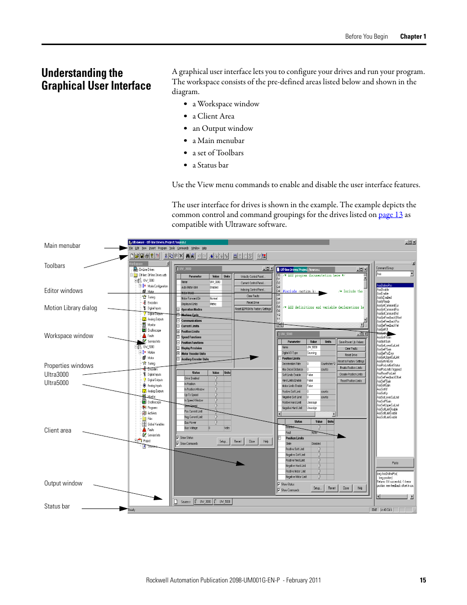 Understanding the graphical user interface | Rockwell Automation 2098-UWCPRG Ultraware Software User Manual User Manual | Page 15 / 354