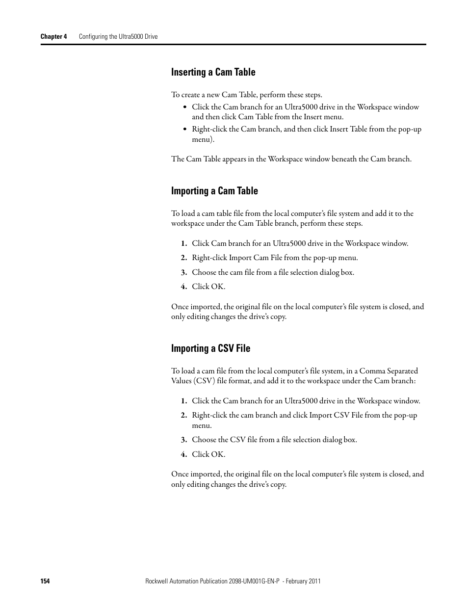 Inserting a cam table, Importing a cam table, Importing a csv file | Rockwell Automation 2098-UWCPRG Ultraware Software User Manual User Manual | Page 152 / 354