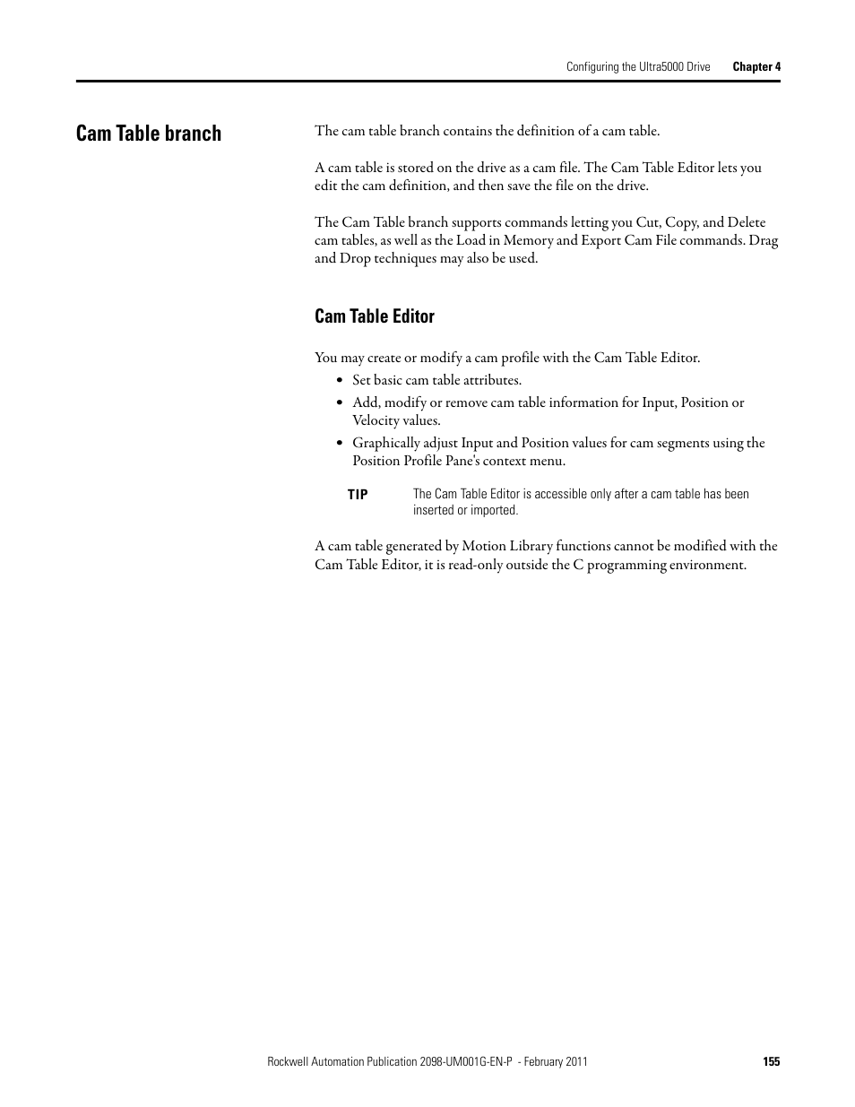 Cam table branch, Cam table editor, Refer to cam | Table editor | Rockwell Automation 2098-UWCPRG Ultraware Software User Manual User Manual | Page 153 / 354