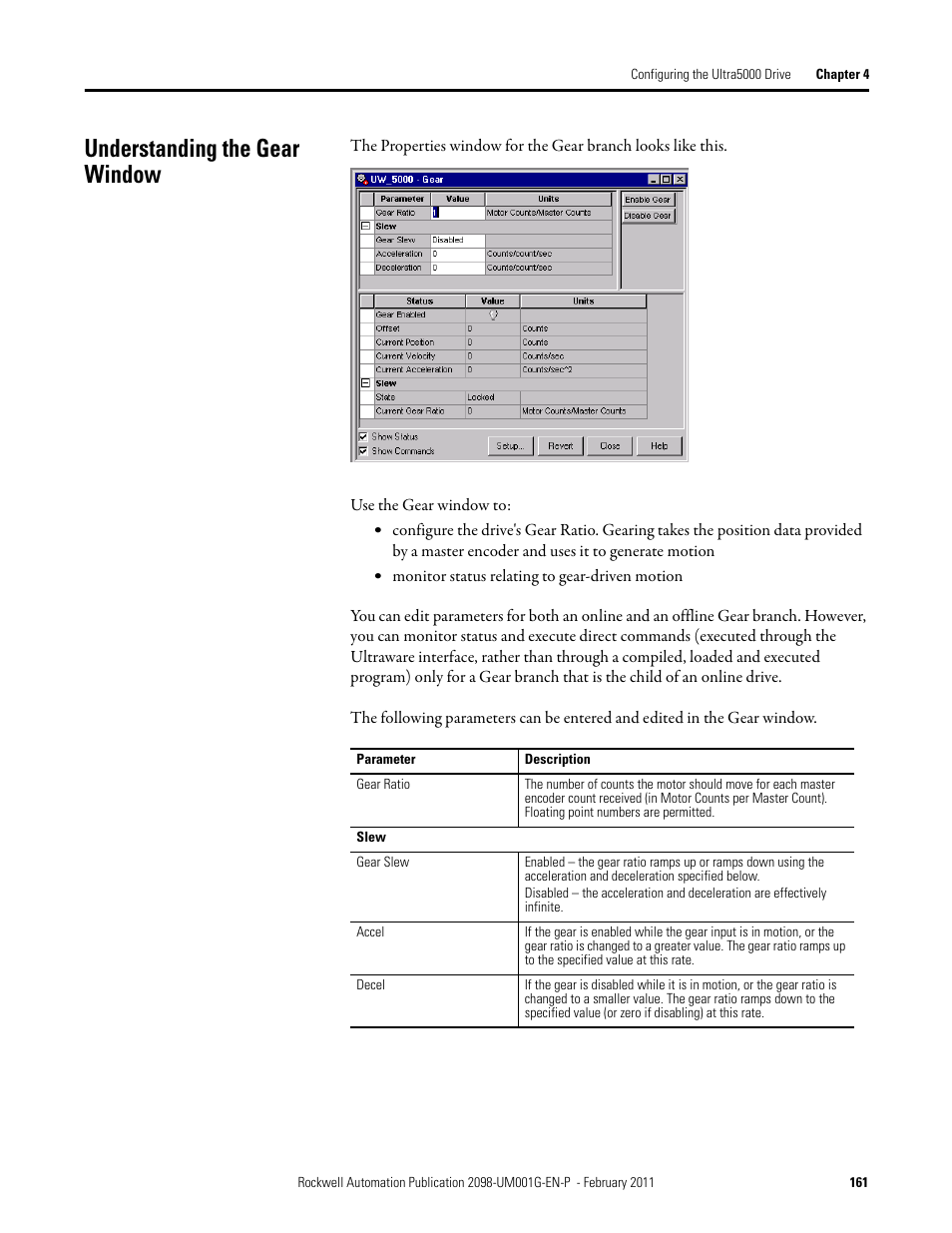 Understanding the gear window | Rockwell Automation 2098-UWCPRG Ultraware Software User Manual User Manual | Page 159 / 354
