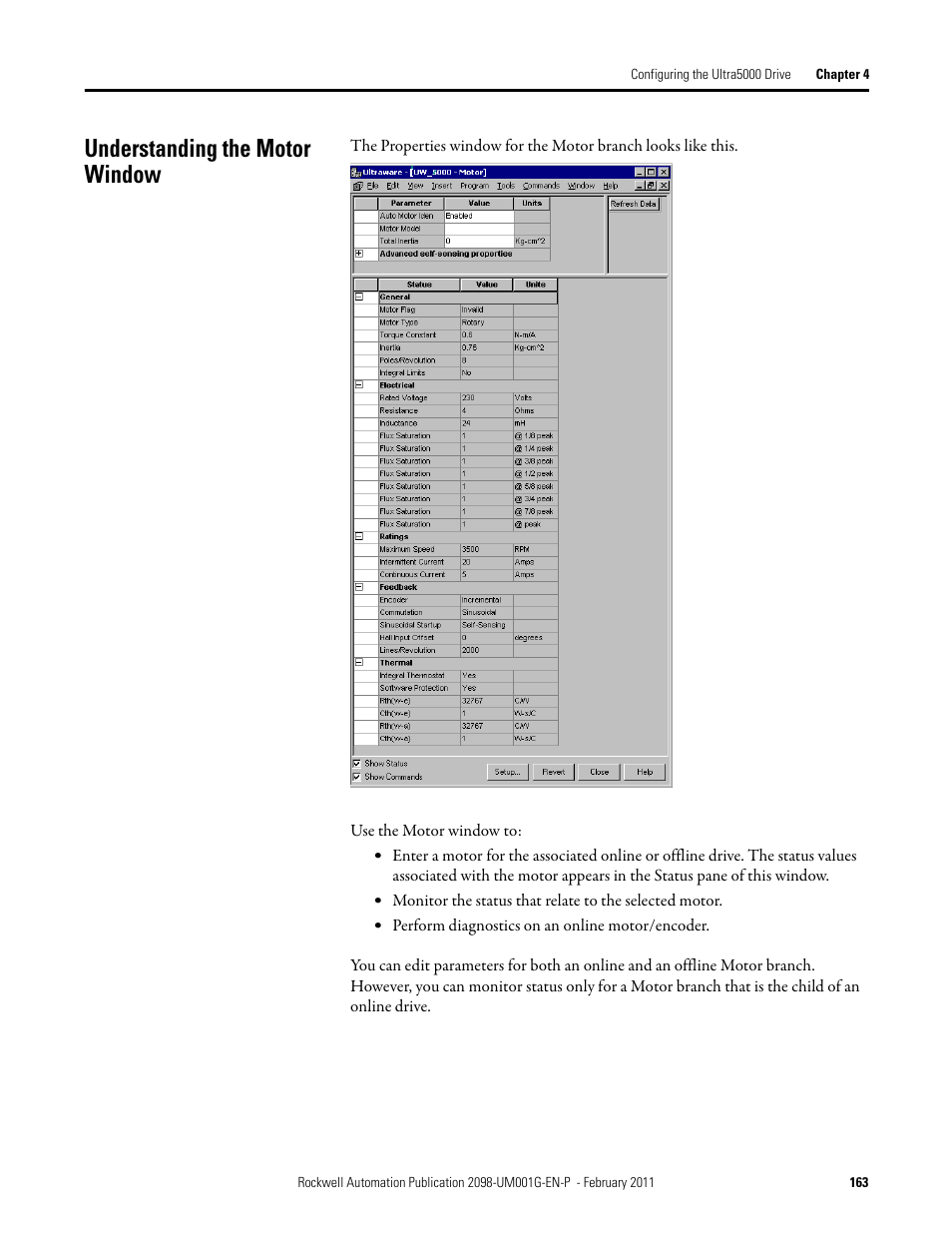 Understanding the motor window | Rockwell Automation 2098-UWCPRG Ultraware Software User Manual User Manual | Page 161 / 354