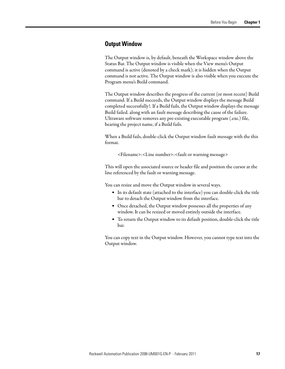 Output window | Rockwell Automation 2098-UWCPRG Ultraware Software User Manual User Manual | Page 17 / 354