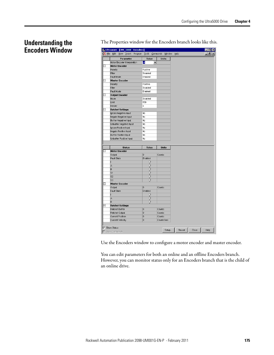 Understanding the encoders window | Rockwell Automation 2098-UWCPRG Ultraware Software User Manual User Manual | Page 173 / 354
