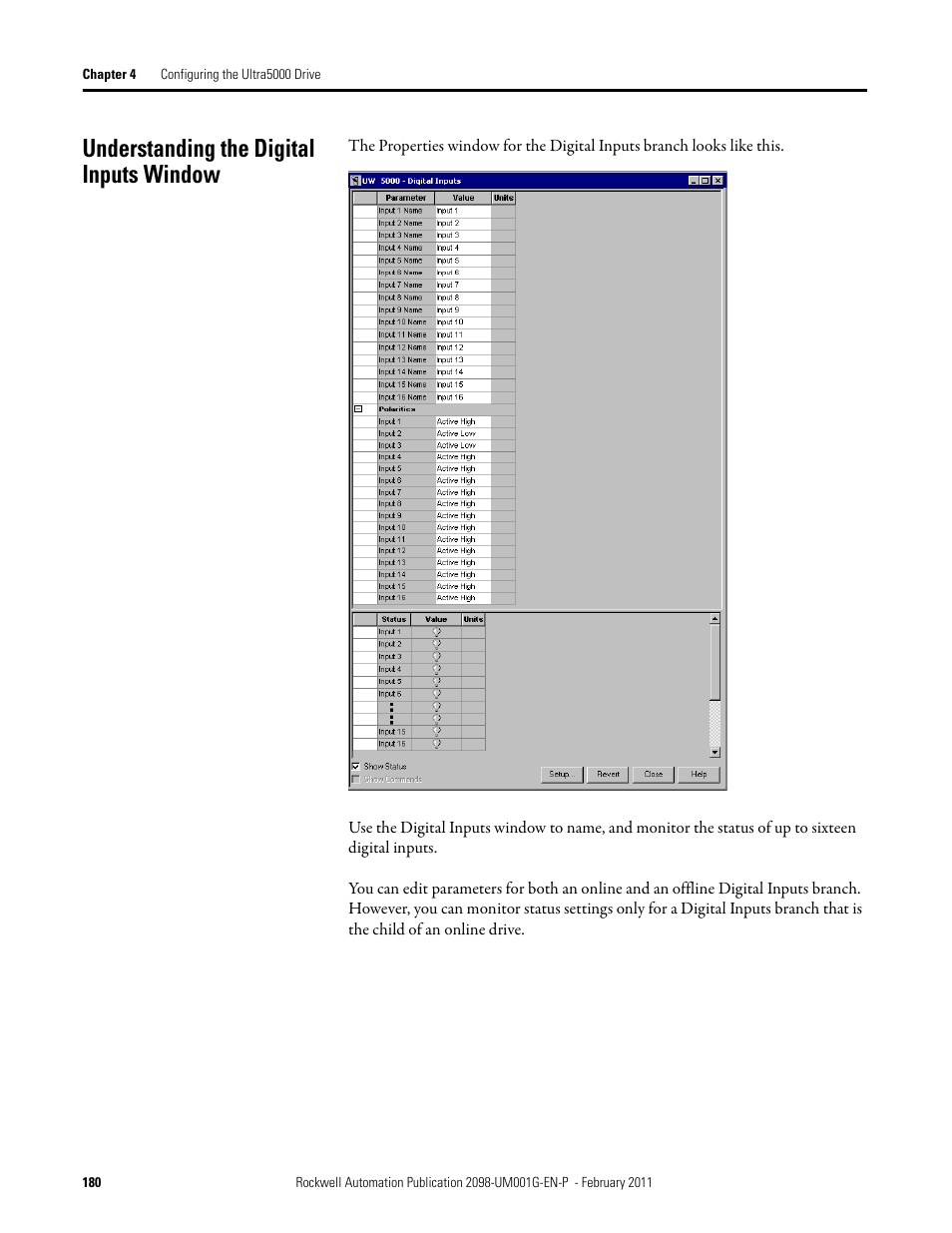 Understanding the digital inputs window | Rockwell Automation 2098-UWCPRG Ultraware Software User Manual User Manual | Page 178 / 354