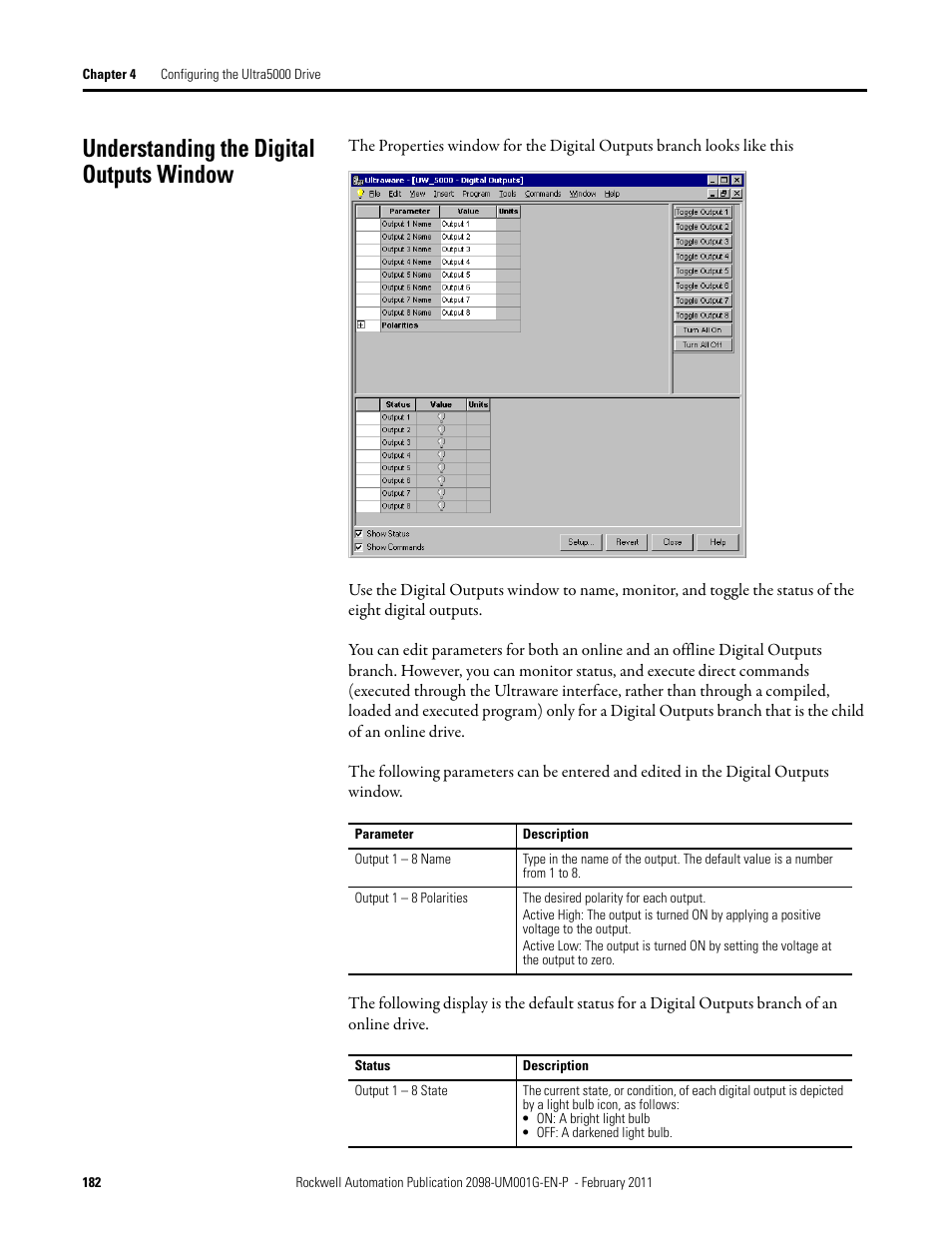 Understanding the digital outputs window | Rockwell Automation 2098-UWCPRG Ultraware Software User Manual User Manual | Page 180 / 354