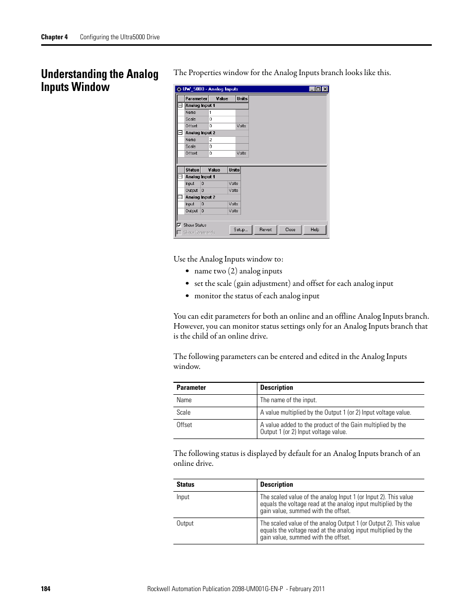 Understanding the analog inputs window | Rockwell Automation 2098-UWCPRG Ultraware Software User Manual User Manual | Page 182 / 354