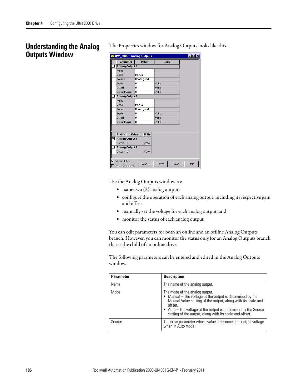 Understanding the analog outputs window | Rockwell Automation 2098-UWCPRG Ultraware Software User Manual User Manual | Page 184 / 354