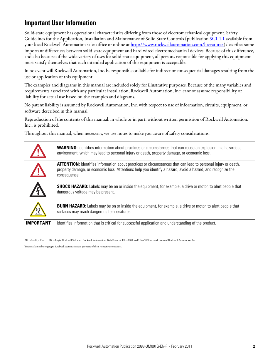 Important user information | Rockwell Automation 2098-UWCPRG Ultraware Software User Manual User Manual | Page 2 / 354