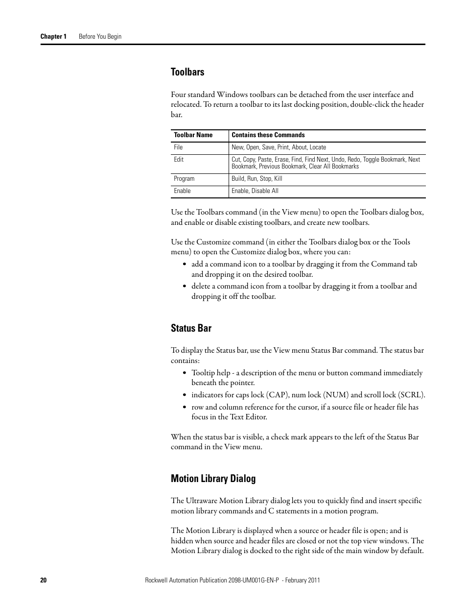 Toolbars, Status bar, Motion library dialog | Toolbars status bar motion library dialog | Rockwell Automation 2098-UWCPRG Ultraware Software User Manual User Manual | Page 20 / 354