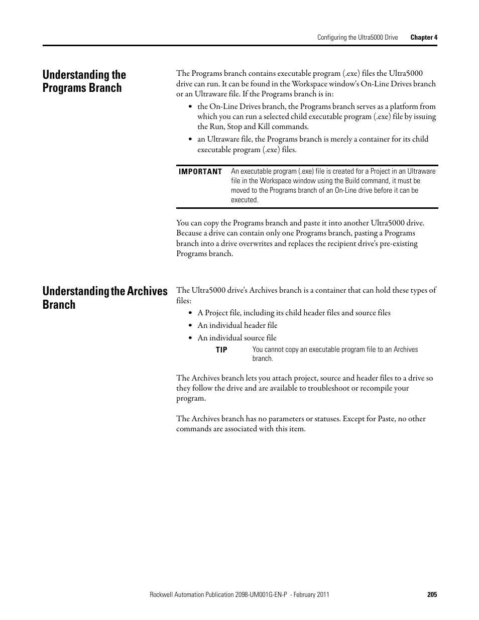 Understanding the programs branch, Understanding the archives branch | Rockwell Automation 2098-UWCPRG Ultraware Software User Manual User Manual | Page 203 / 354