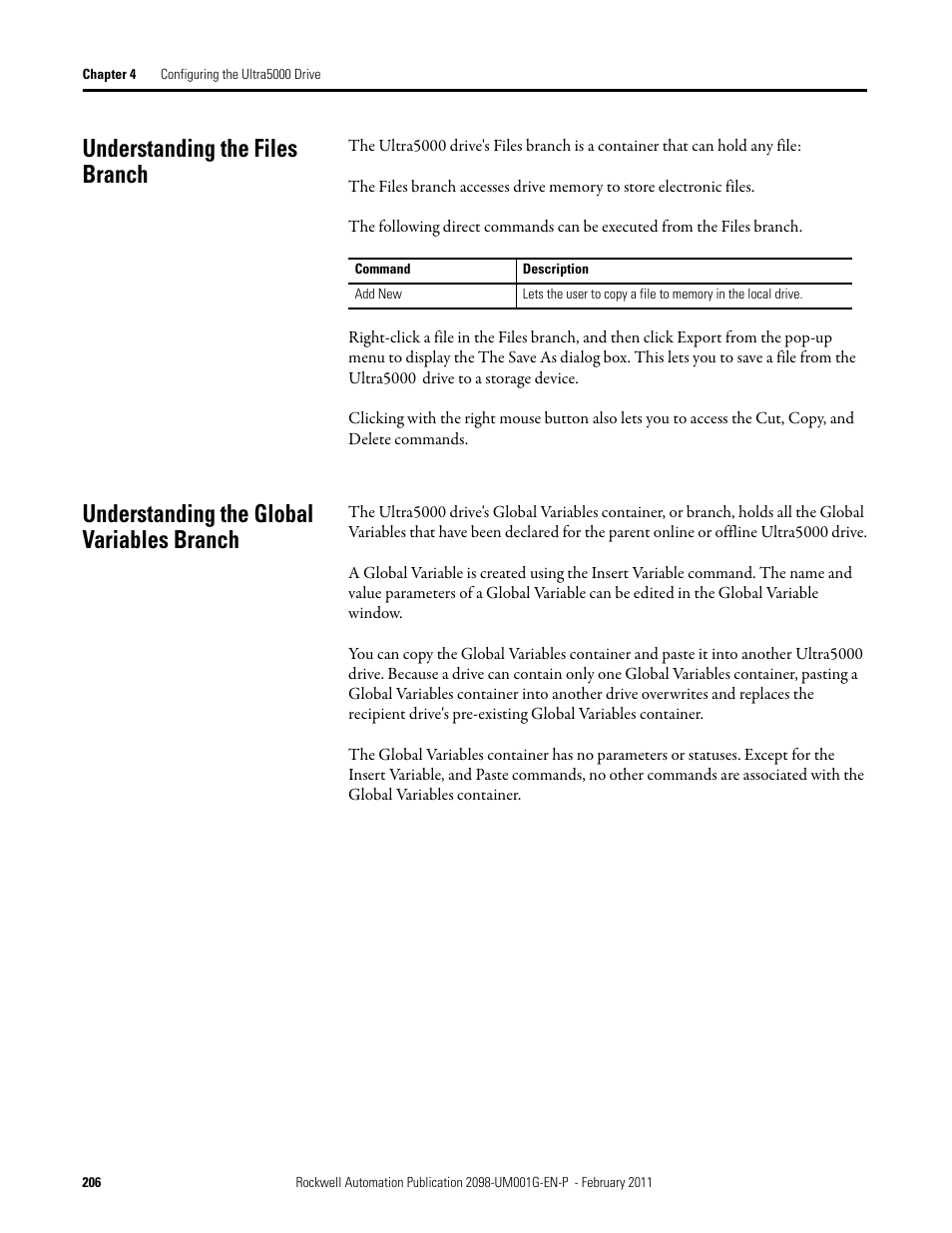 Understanding the files branch, Understanding the global variables branch | Rockwell Automation 2098-UWCPRG Ultraware Software User Manual User Manual | Page 204 / 354
