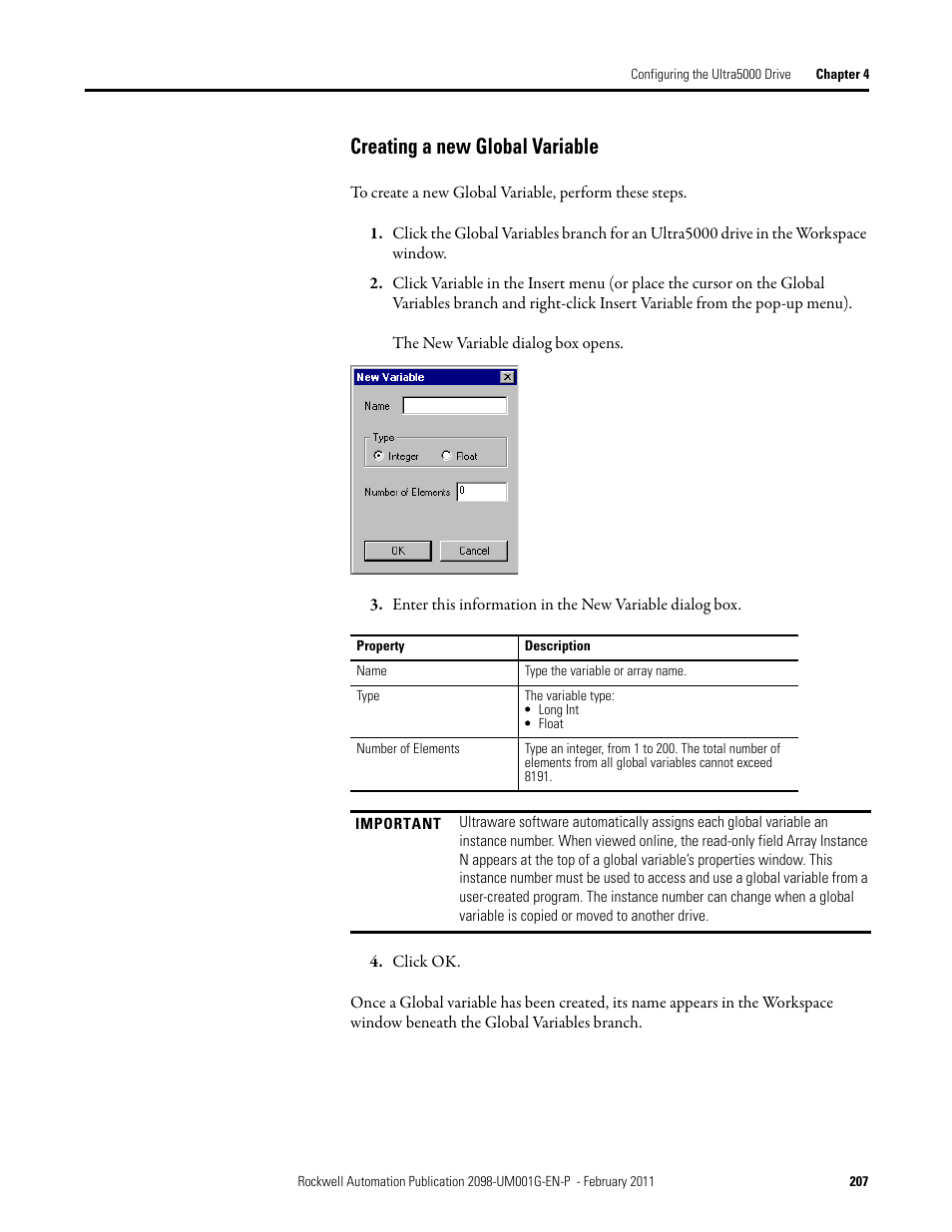 Creating a new global variable | Rockwell Automation 2098-UWCPRG Ultraware Software User Manual User Manual | Page 205 / 354